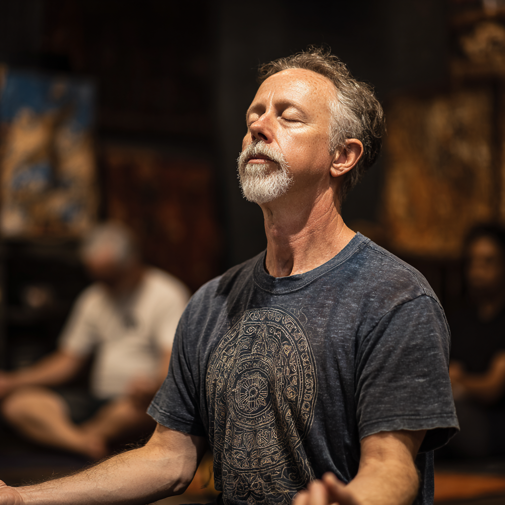 A 50-year-old man practices meditation at mordivel studio, demonstrating calmness and concentration.
