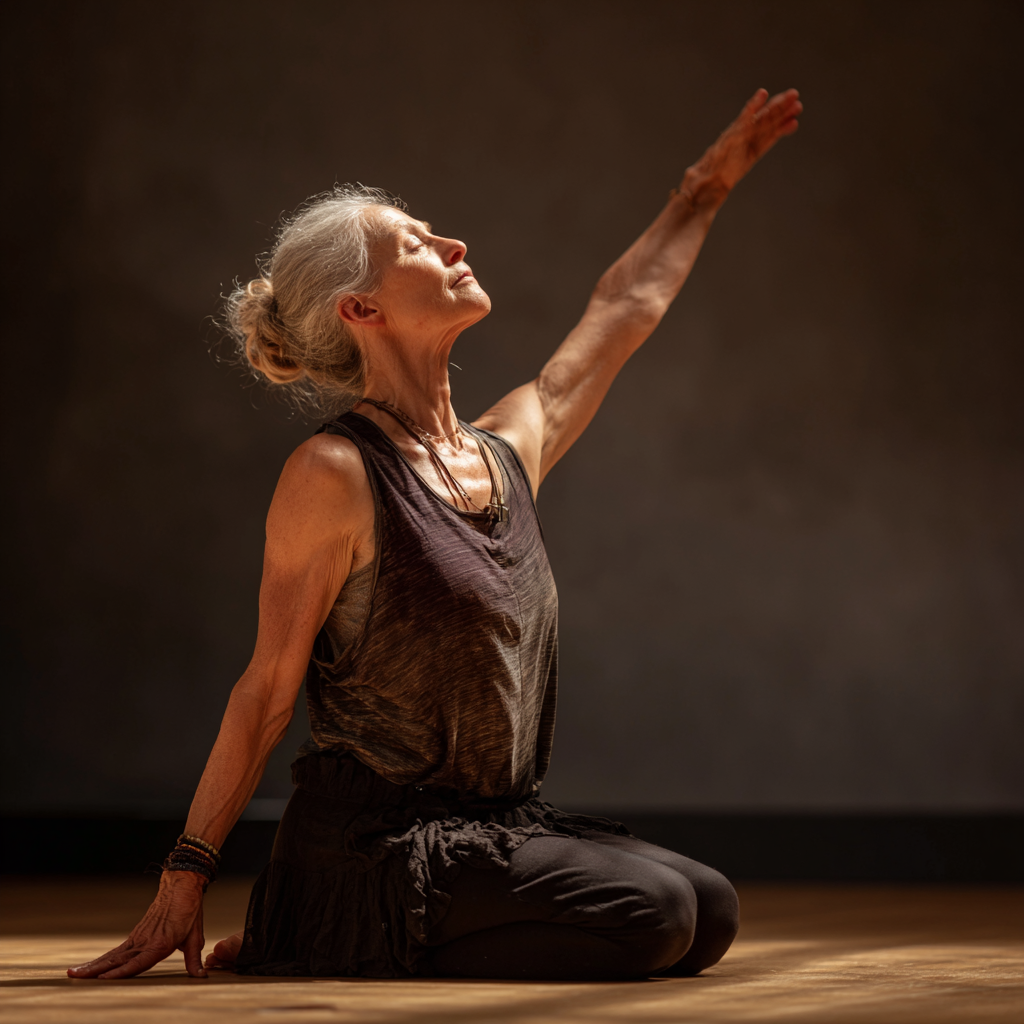 An experienced yoga instructor aged 45 demonstrates an asana at mordivel studio.